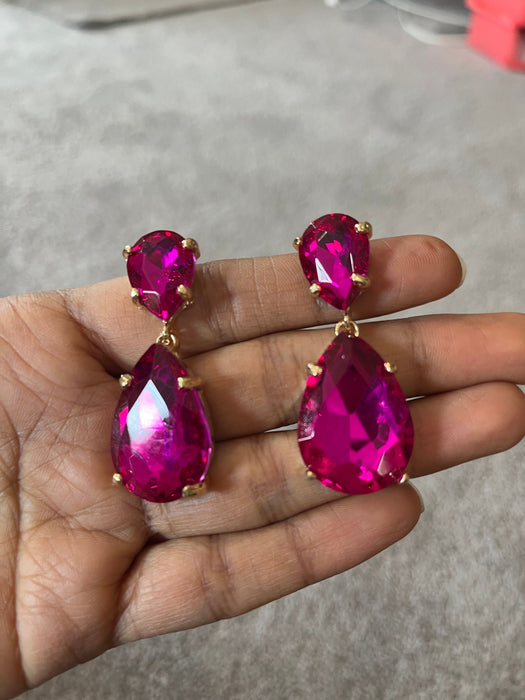 Fuchsia earring , fuchsia teardrop earrings , hot pink gold earring , fuchsia crystal earrings , dark pink earrings