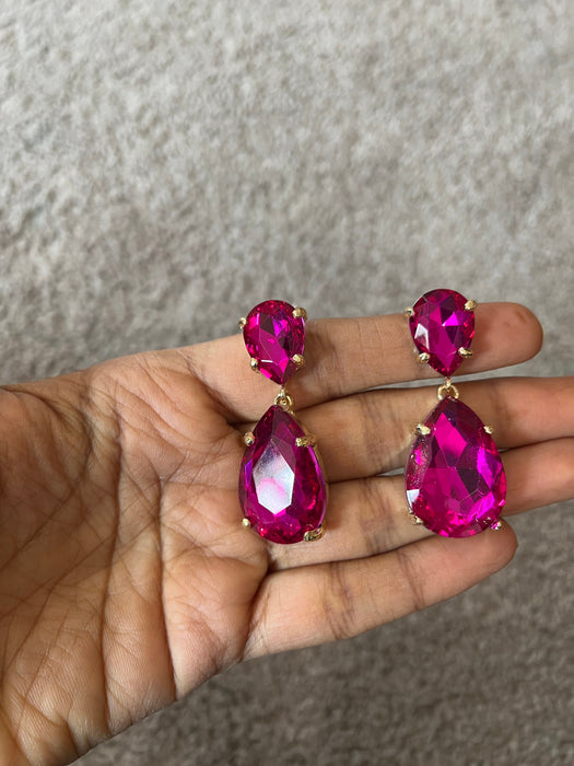 Fuchsia earring , fuchsia teardrop earrings , hot pink gold earring , fuchsia crystal earrings , dark pink earrings