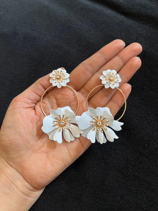 White flower earrings , big white gold feathered earrings , Snow White earrings , white metal earrings , long white earrings floral large