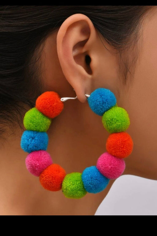 Large colorful earrings , Big multicolored hoops , big green blue pink hoop earrings , chunky rainbow hoop earring Pom pom