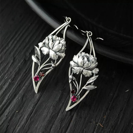 Long silver rose earrings , silver leaf earrings , carved red silver earrings , vintage style earring