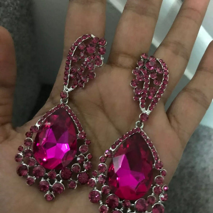 Dark pink earrings, Fuchsia crystal , magenta earrings, pink teardrop earrings, fuchsia teardrop earrings , hot pink long earring 3.25 inch