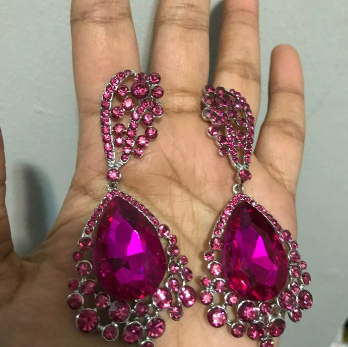 Dark pink earrings, Fuchsia crystal , magenta earrings, pink teardrop earrings, fuchsia teardrop earrings , hot pink long earring 3.25 inch