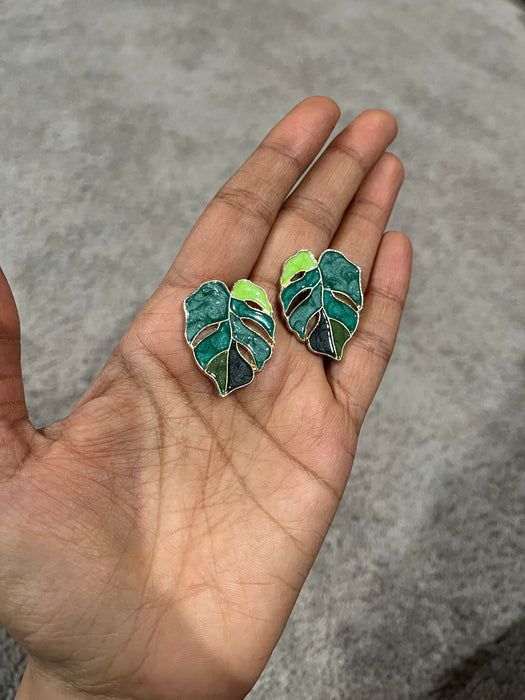 Green stud earrings , green leaf earrings , green enamel earrings , big green stud earrings