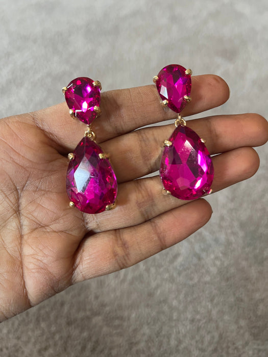 Fuchsia earring , fuchsia teardrop earrings , hot pink gold earring , fuchsia crystal earrings , dark pink earrings