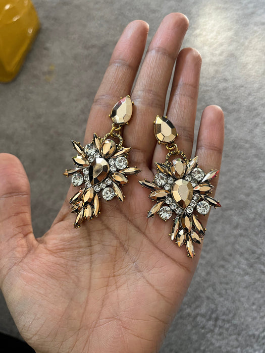 Long gold rhinestone earrings , gold acrylic earrings , gold chandelier earring , gold statement earrings , chunky gold copper pierced