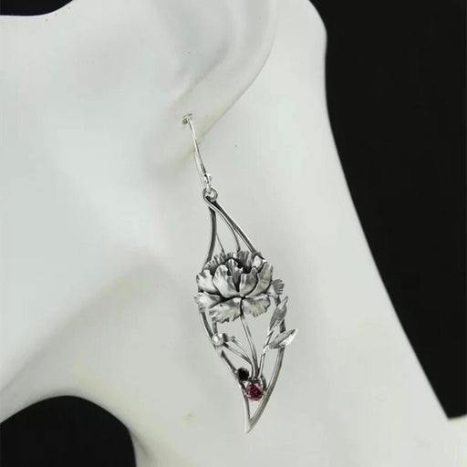 Long silver rose earrings , silver leaf earrings , carved red silver earrings , vintage style earring