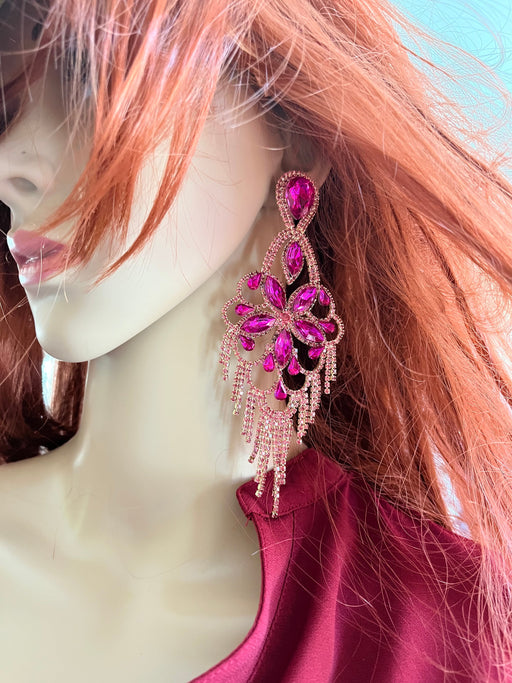 Fuchsia earring , large long magenta fuchsia earrings , big pink earring , fuchsia crystal , pink Gold , huge fringe rhinestone earring