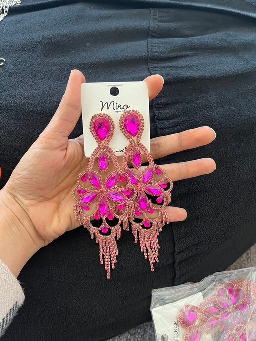 Fuchsia earring , large long magenta fuchsia earrings , big pink earring , fuchsia crystal , pink Gold , huge fringe rhinestone earring