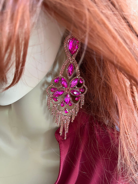 Fuchsia earring , large long magenta fuchsia earrings , big pink earring , fuchsia crystal , pink Gold , huge fringe rhinestone earring