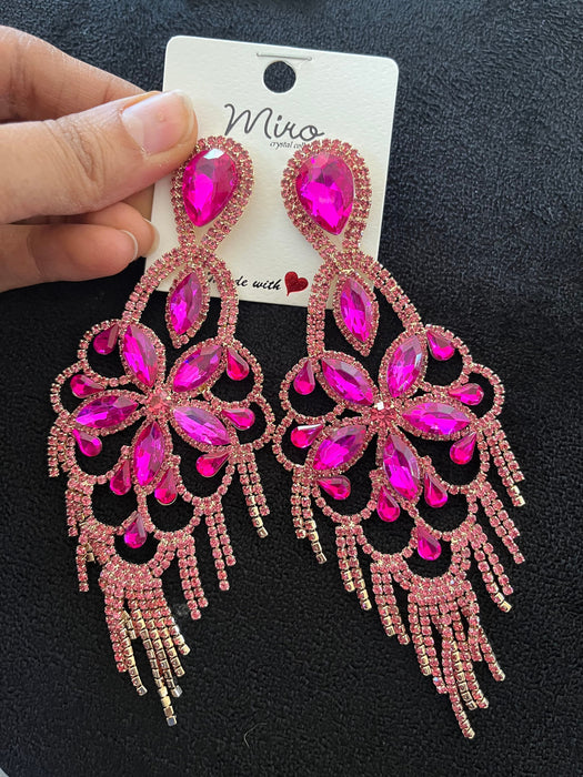 Fuchsia earring , large long magenta fuchsia earrings , big pink earring , fuchsia crystal , pink Gold , huge fringe rhinestone earring