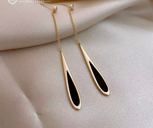 Black Pierced elegant statement Earring gold wedding teardrop chain