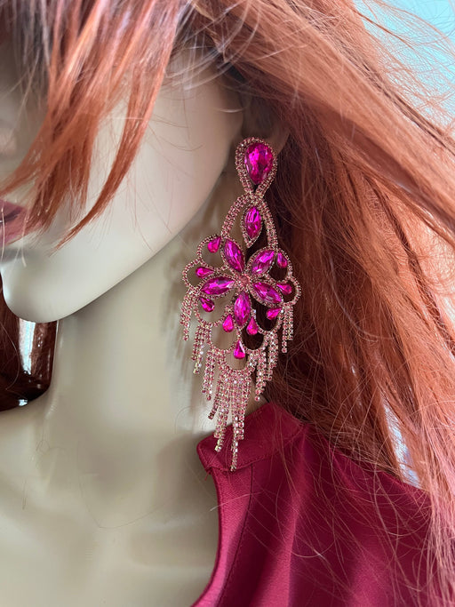 Fuchsia earring , large long magenta fuchsia earrings , big pink earring , fuchsia crystal , pink Gold , huge fringe rhinestone earring