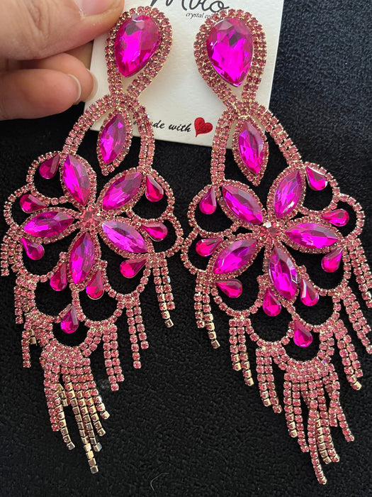 Fuchsia earring , large long magenta fuchsia earrings , big pink earring , fuchsia crystal , pink Gold , huge fringe rhinestone earring