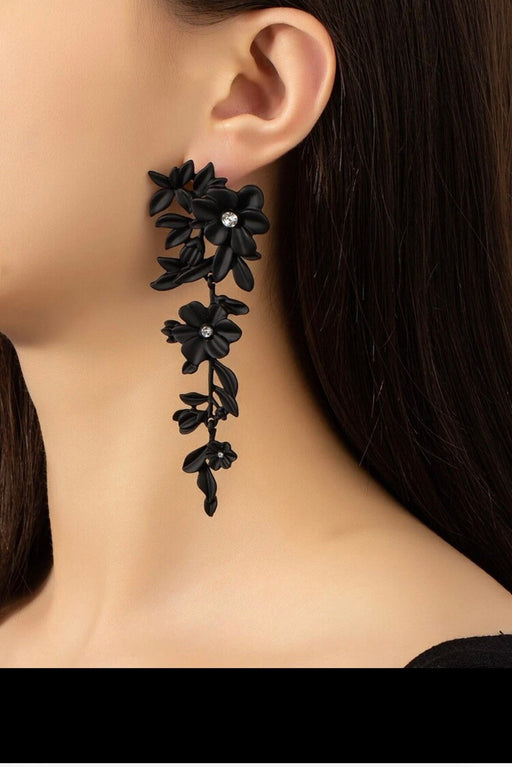 black flower earrings , big Black rhinestone rose metal earrings , long black wedding earrings , black party earrings vine