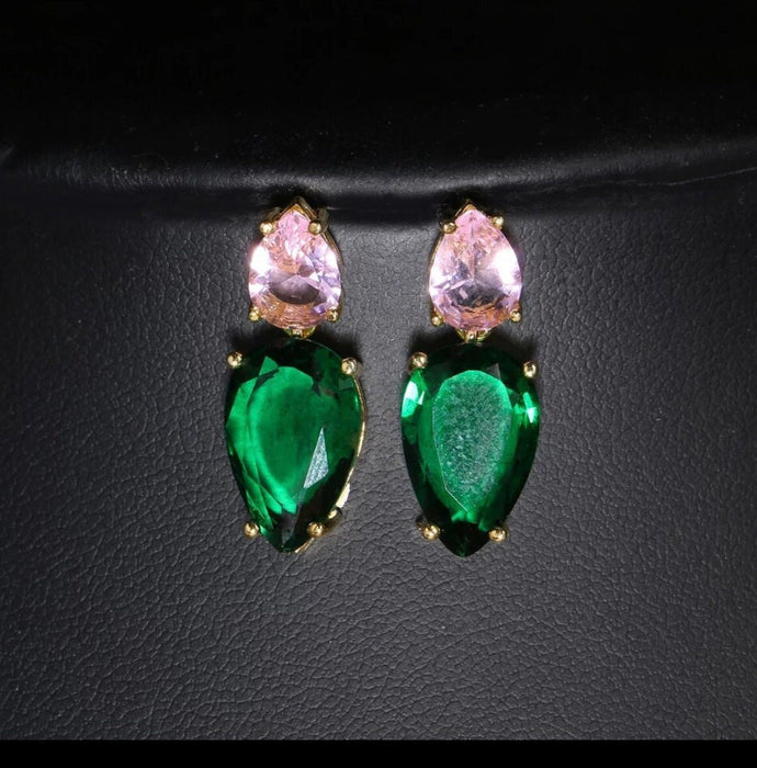 Pink and green earrings, aka earrings , small light pink dark Green crystal earrings, green pink , green teardrop, jungle green earrings