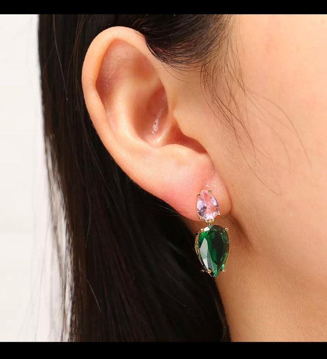 Pink and green earrings, aka earrings , small light pink dark Green crystal earrings, green pink , green teardrop, jungle green earrings