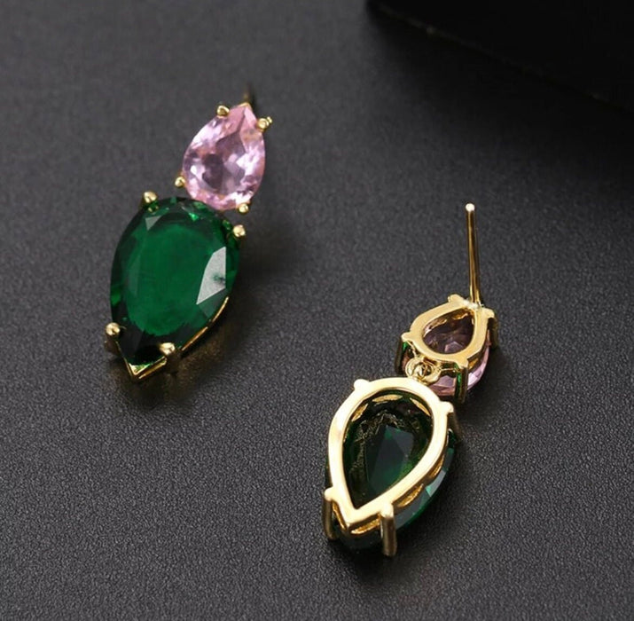 Pink and green earrings, aka earrings , small light pink dark Green crystal earrings, green pink , green teardrop, jungle green earrings