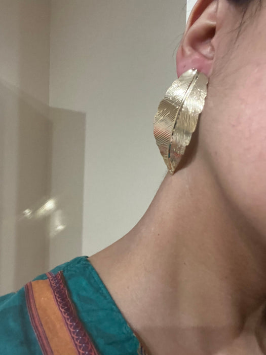 Big gold earrings , studs gold leaf studs large , huge gold stud earring , boho gold earrings , chunky gold studs statement