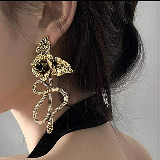 Long gold earrings ,big gold snake rose earrings , gold flower statement earrings , big gold gothic earrings , large earrings vintage style