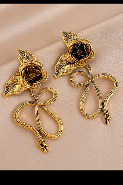 Long gold earrings ,big gold snake rose earrings , gold flower statement earrings , big gold gothic earrings , large earrings vintage style