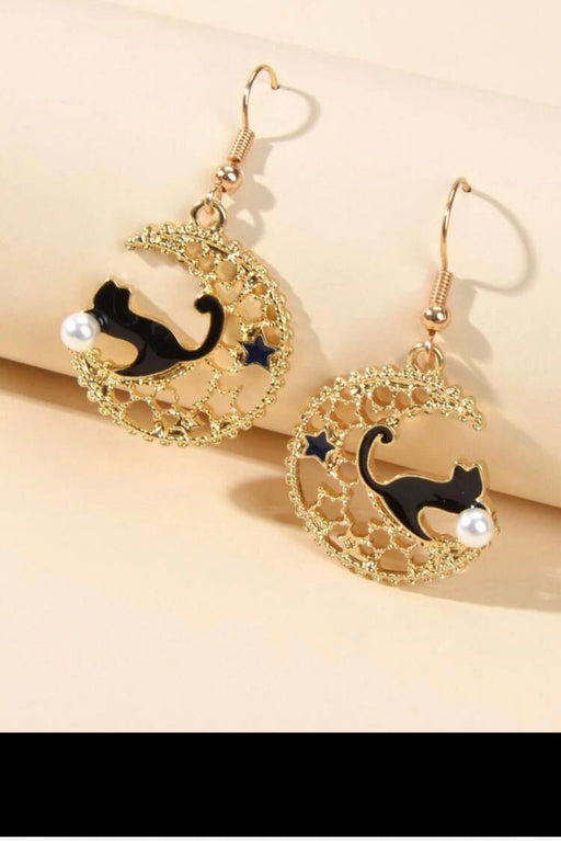 Cat earrings , cat moon earrings , cat lover black earrings , gold earrings l