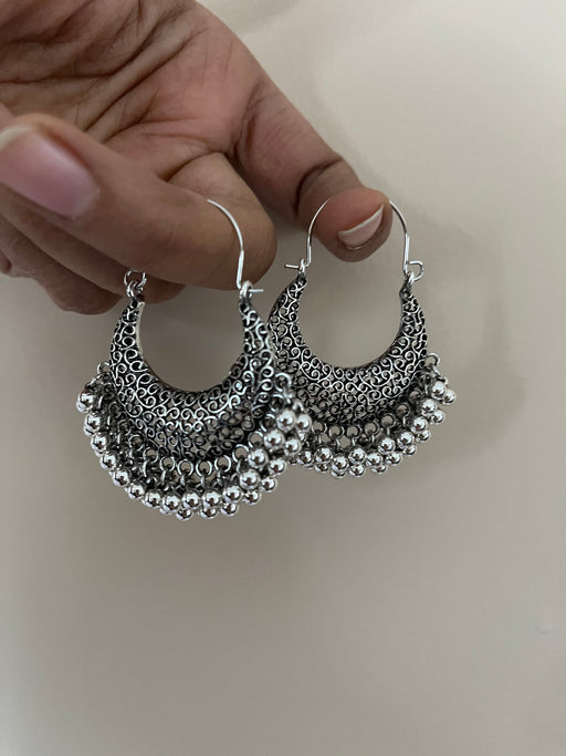 Long Silver earrings , large silver oxidized hoops chandelier earrings , big carved earrings , metal bohemian earring , boho earring