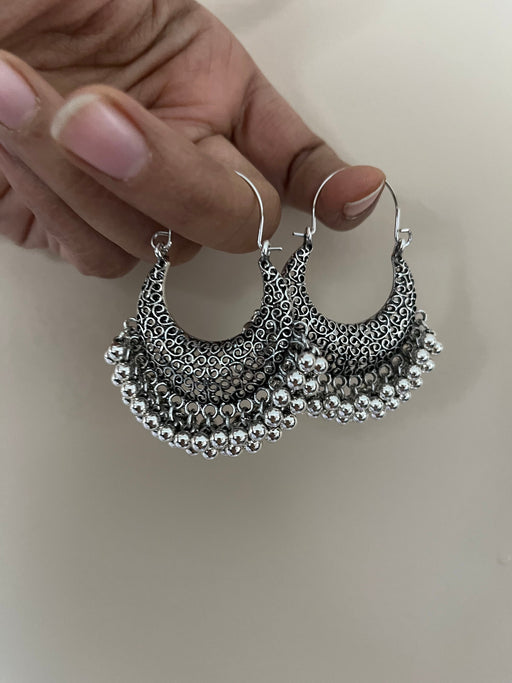 Long Silver earrings , large silver oxidized hoops chandelier earrings , big carved earrings , metal bohemian earring , boho earring