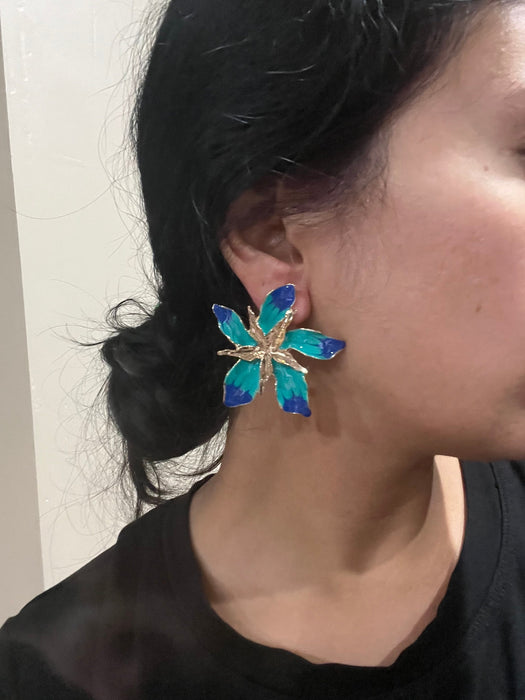 Large Blue earrings stud Flower turquoise sea green royal blue gold Pageant oversized Earrings