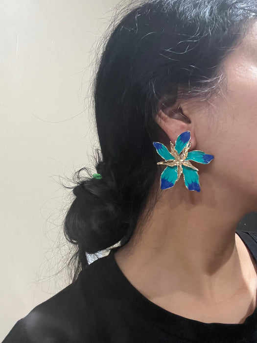 Large Blue earrings stud Flower turquoise sea green royal blue gold Pageant oversized Earrings