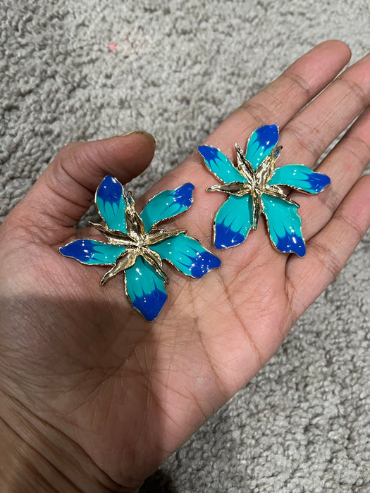 Large Blue earrings stud Flower turquoise sea green royal blue gold Pageant oversized Earrings