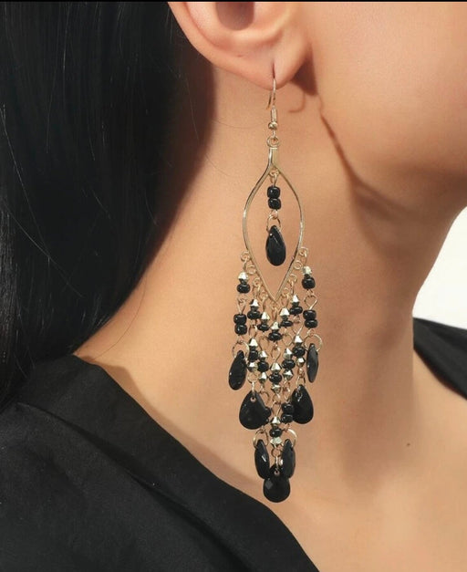 black Chandelier earrings , big 5 inch Black bead earrings , long black wedding earrings , black acrylic gold party earrings chunky