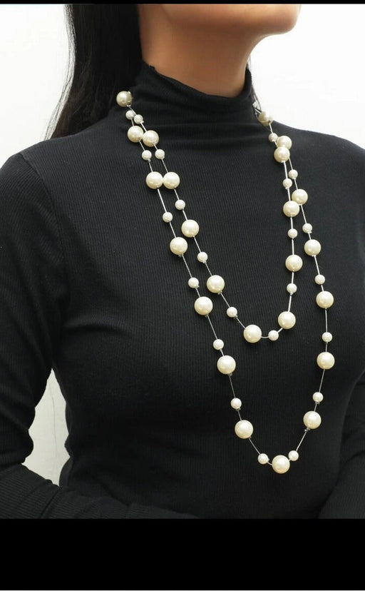 Long White pearl necklace , very long white bead necklace , long sweater necklace , elegant silver necklace , multilayer necklace