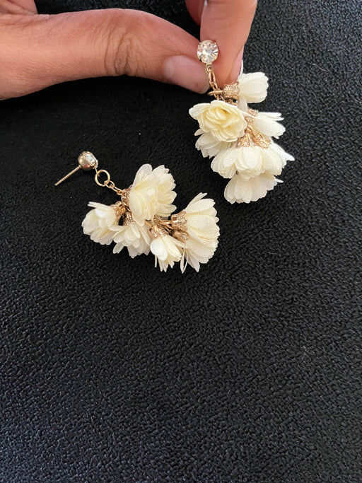 White flower earrings , cream gold feathered earrings , Cream petal fabric earrings , cream flower earrings long cream gold earrings floral