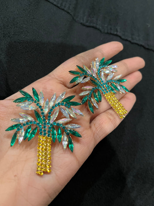 Large Green earrings stud green yellow Tree huge crystal Rhinestone Crystal Pageant oversized green emerald Earrings statement