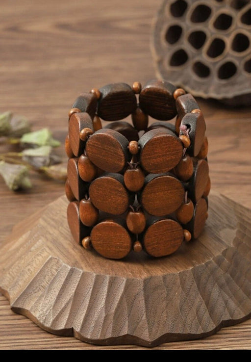 Brown statement bracelet , chunky wood bead bracelet wide gold cuff large bold wooden boho chunky womens layered