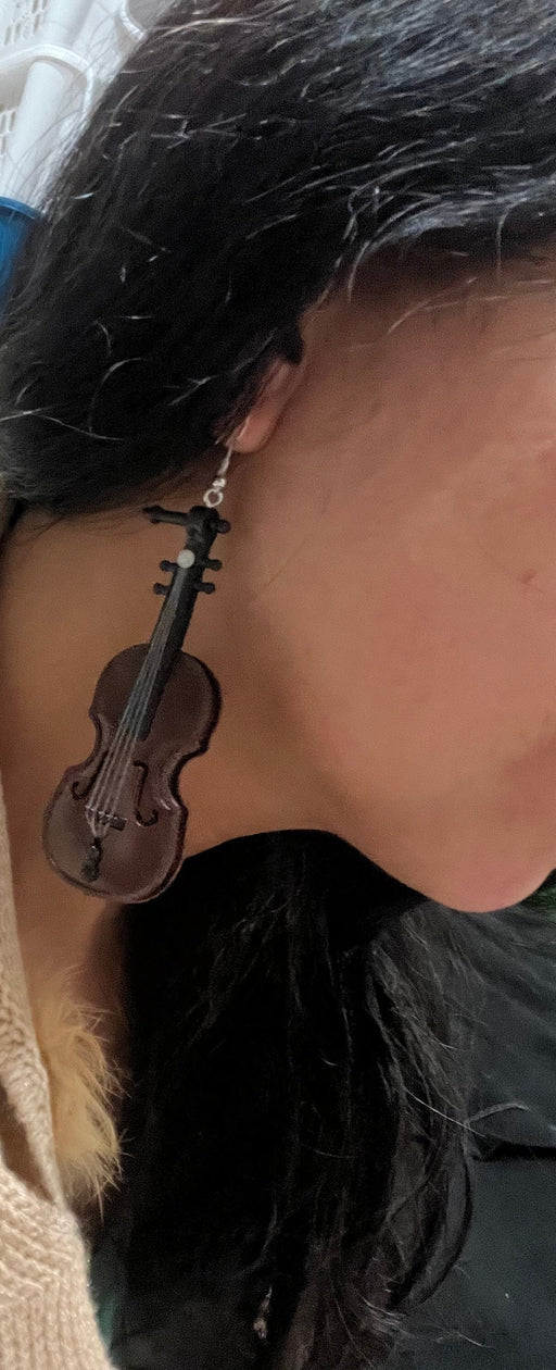 Violin earrings , big brown earrings , long brown instrument earrings , big violin lover music earrings