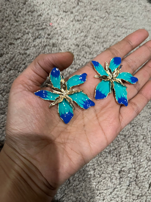 Large Blue earrings stud Flower turquoise sea green royal blue gold Pageant oversized Earrings