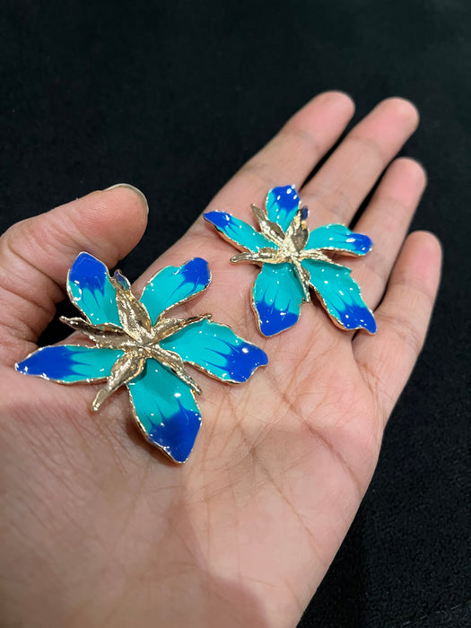 Large Blue earrings stud Flower turquoise sea green royal blue gold Pageant oversized Earrings