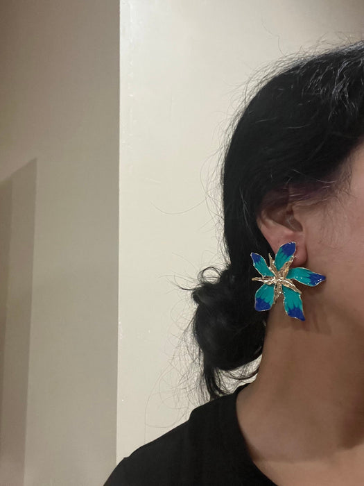 Large Blue earrings stud Flower turquoise sea green royal blue gold Pageant oversized Earrings