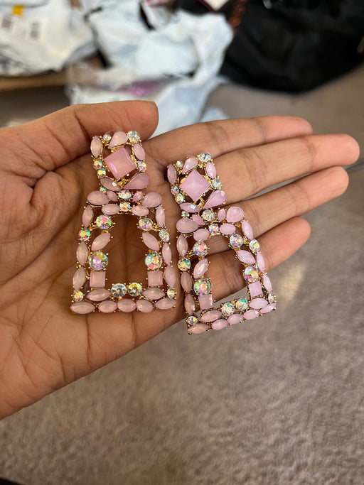 Light pink earring , long light pink rhinestone earrings , big large baby pink earring , pink crystal earrings , pink earrings , gold tone