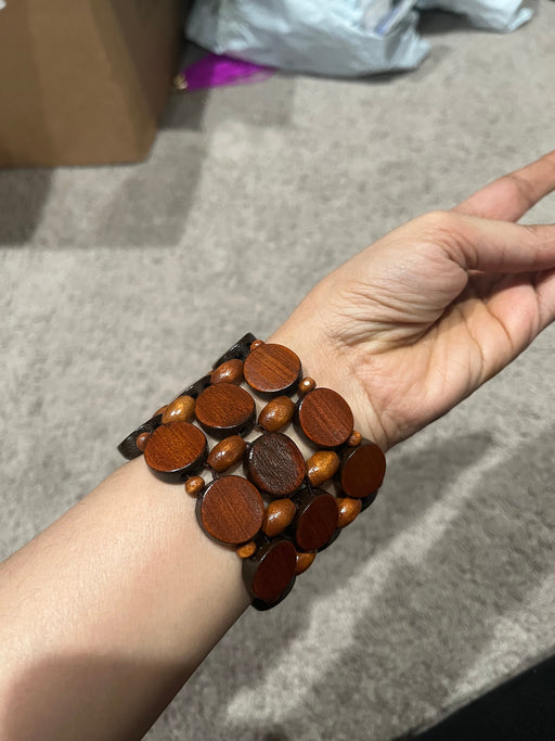 Brown statement bracelet , chunky wood bead bracelet wide gold cuff large bold wooden boho chunky womens layered