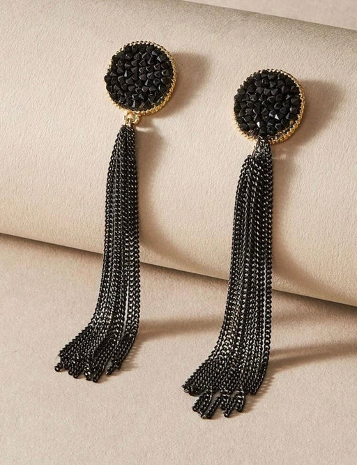 Black Pierced elegant statement Earring gold wedding tassel sparkle gold black chain