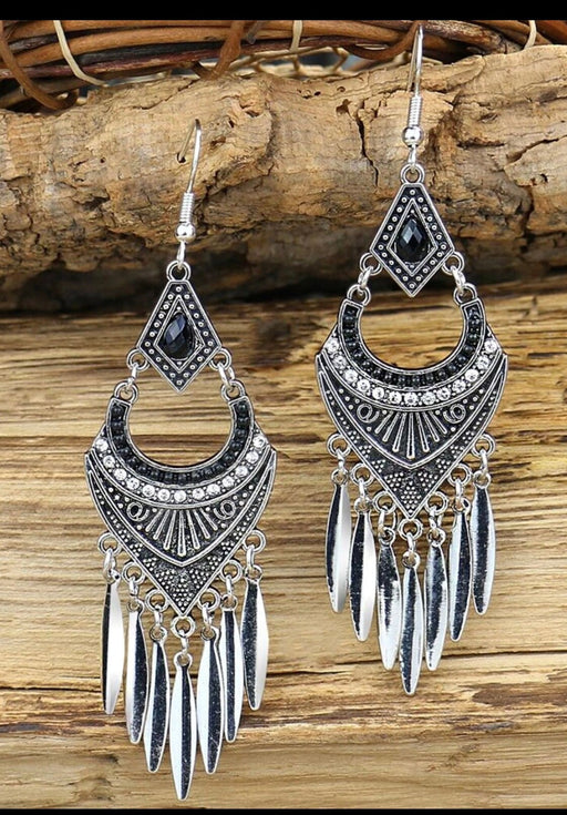 Long Silver earrings , silver black chandelier earrings , carved earrings , metal bohemian earring , boho earring chunky