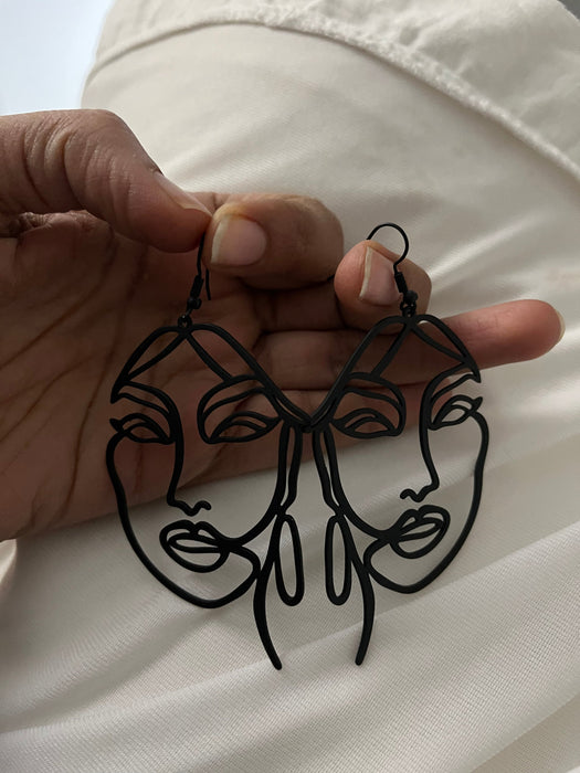 Large Big Black Earring statement bold face woman head chunky black studs Jet Pierced Pageant Earrings metal abstract lime art