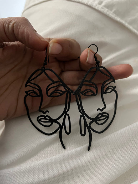 Large Big Black Earring statement bold face woman head chunky black studs Jet Pierced Pageant Earrings metal abstract lime art