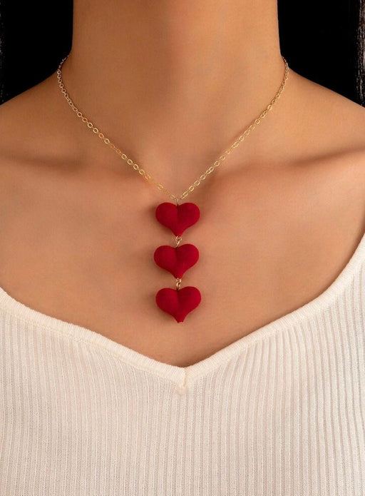 Red heart necklace , velvet heart necklace Valentine’s Day gift gold bead necklace , red cleavage necklace , gold chunky statement necklace