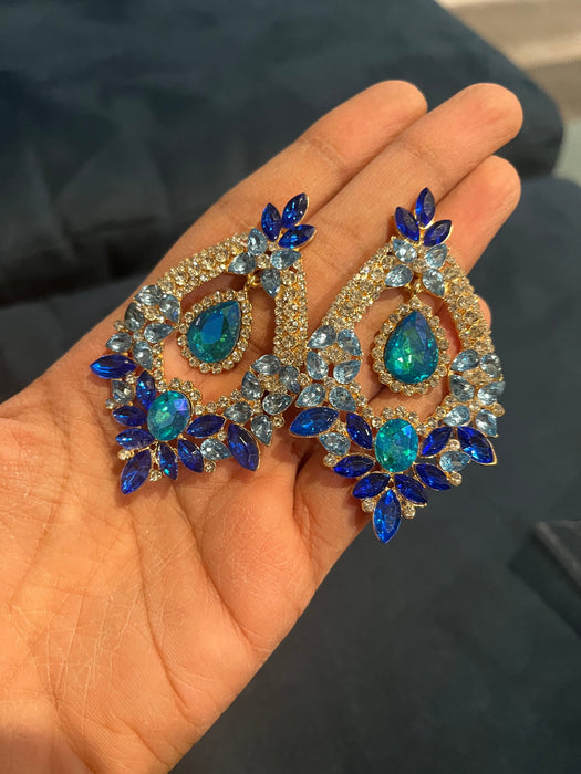 Big Blue earrings ,large Royal blue earrings , light blue crystal earrings, blue chandelier rhinestone earrings crystal aquamarine