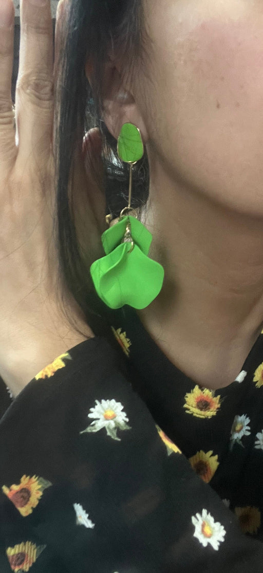 Light Green flower earrings , Lime green petal earrings , bright green acrylic earrings , long rose petal earrings big