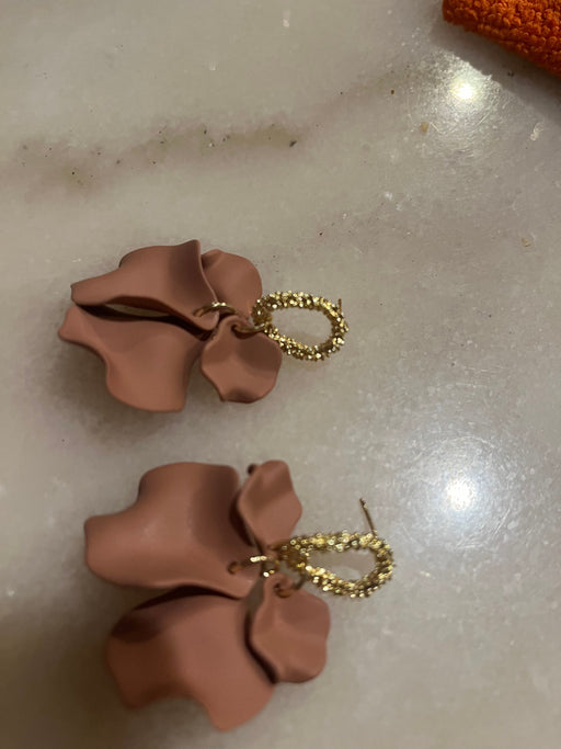 Light Brown Flower earrings , big chocolate brown earrings , long brown petal leaf earrings , big brown gold earrings